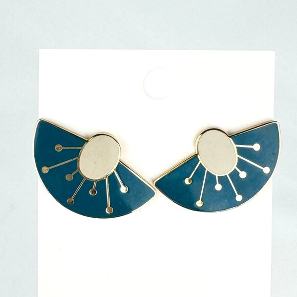 Jewelry - Vintage Fan, Half Moon Gold and Enamel Earrings, Pierced